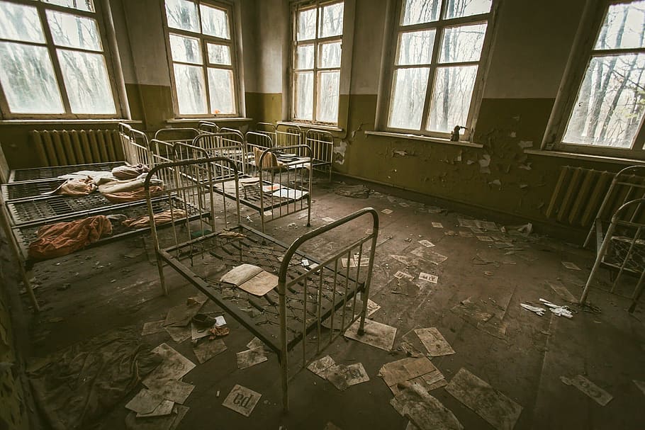 gatch beds inside messy room, chornobyl, ukraine, desolate, disaster