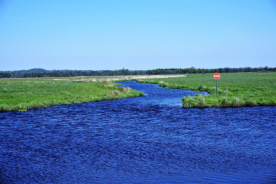 water, reported, landscape, river, traffic sign, blue, sky HD wallpaper