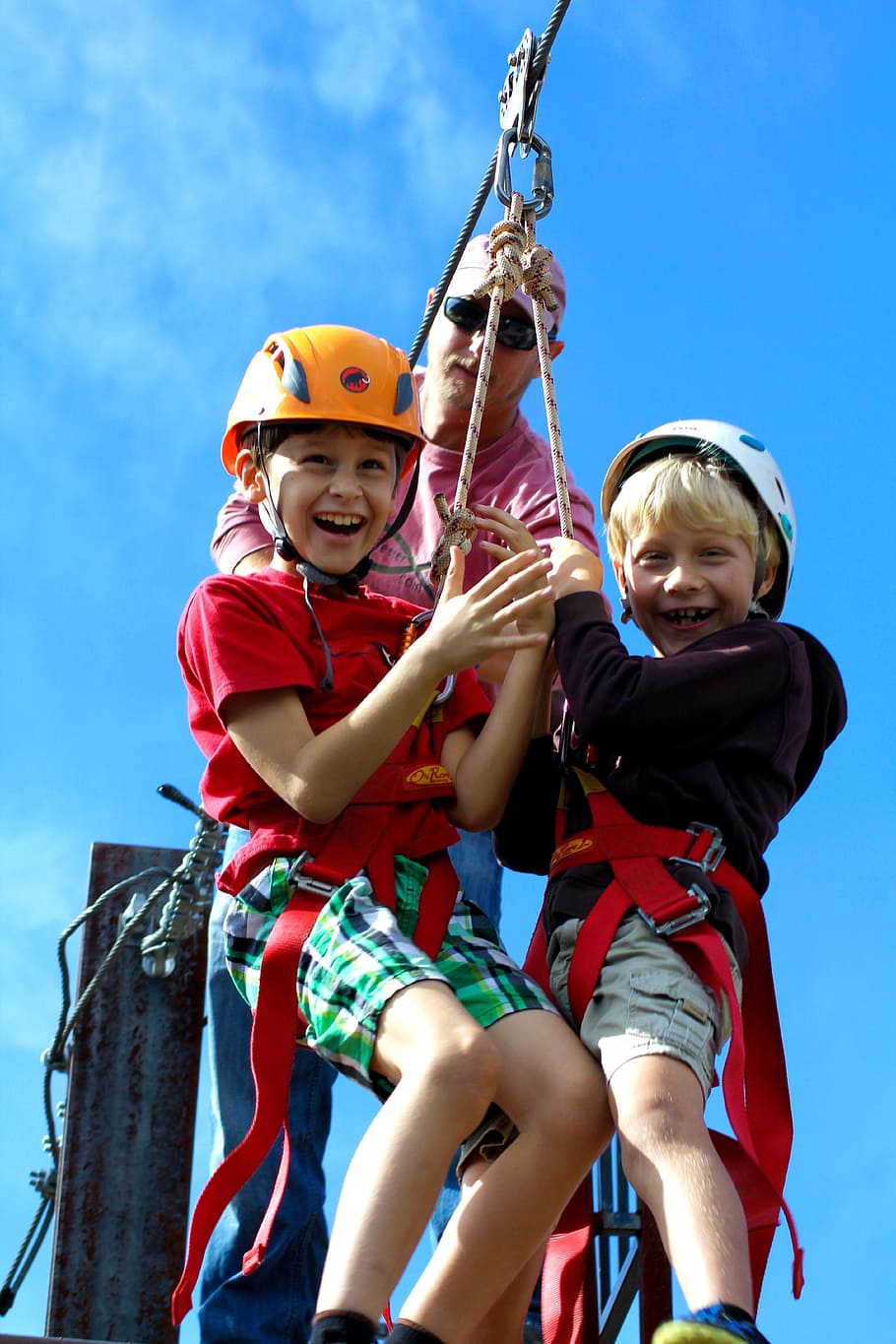 girl and boy riding zipline, Kids, Zip Line, Children, active