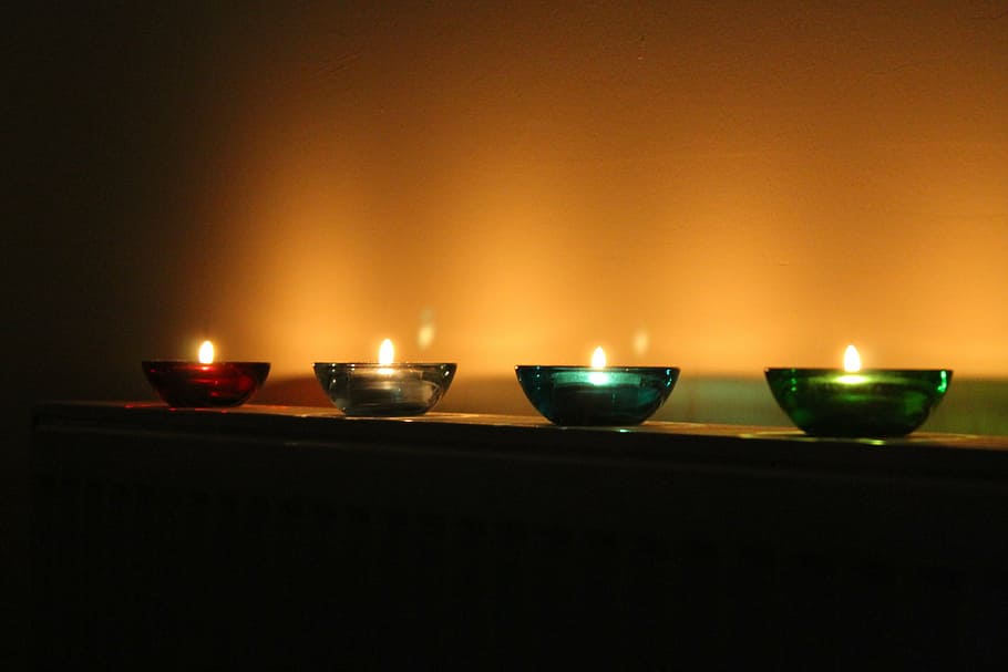 four clear glass bowls, candle, lights, flame, fire, burning HD wallpaper