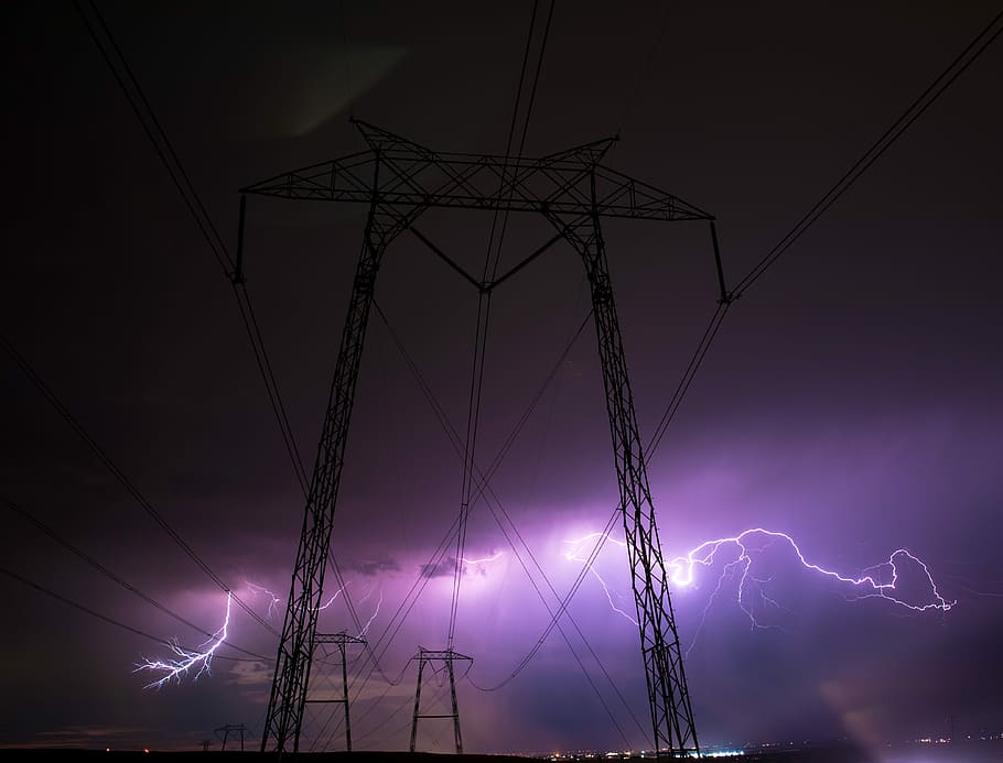 transmission tower and lightnings, two black towers near lightnings, HD wallpaper
