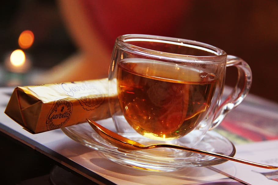 clear glass teacup and spoon, floral, fruit, cafe, aroma, sweet HD wallpaper