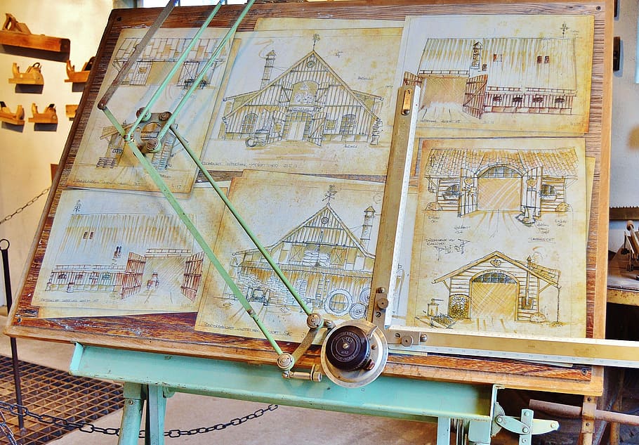 six assorted barn sketch on sketch table, drawing board, planning HD wallpaper