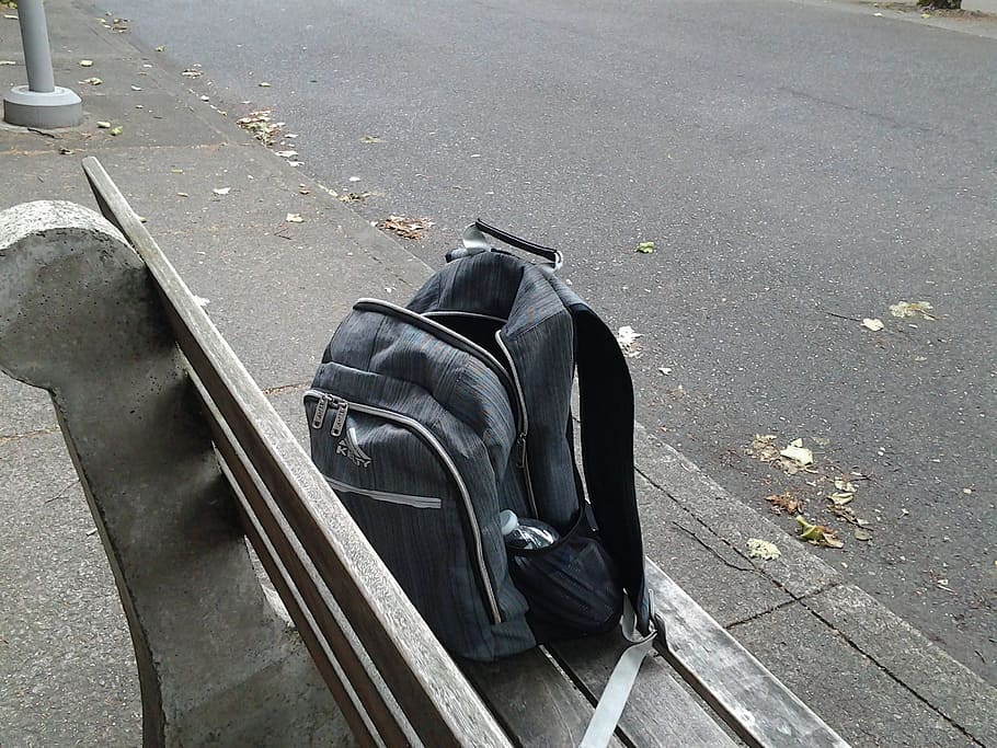 backpack, bench, outdoors, high angle view, day, city, street HD wallpaper