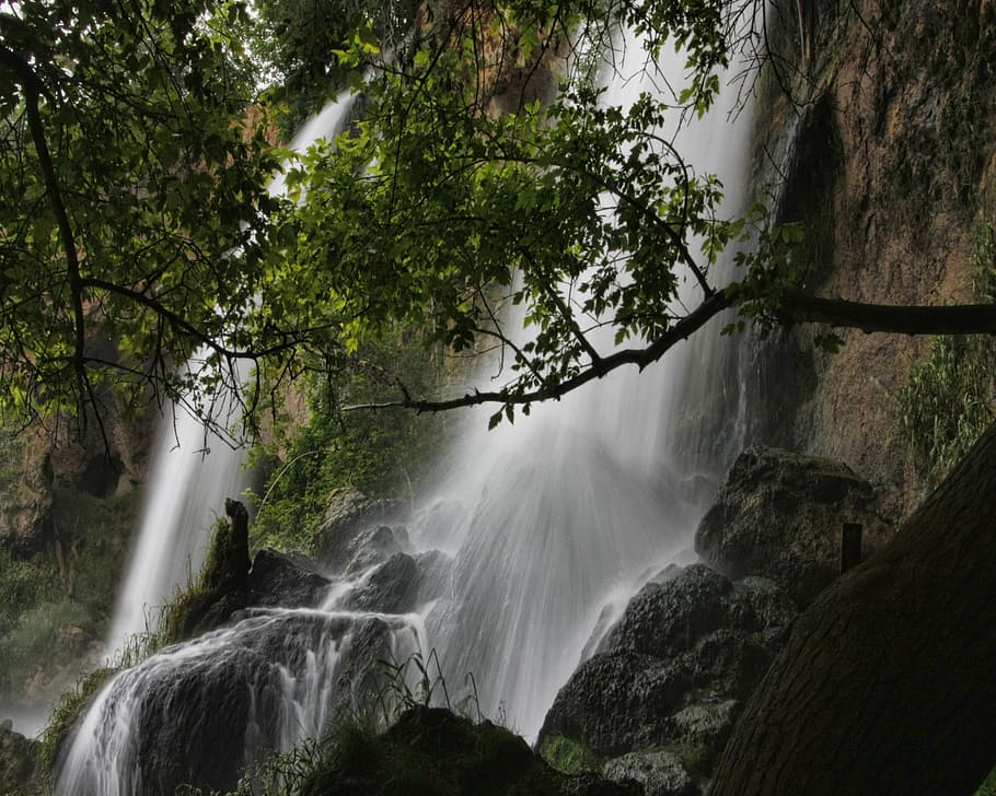 waterfall, tranquil, rock, natural, peaceful, tree, scenics - nature HD wallpaper