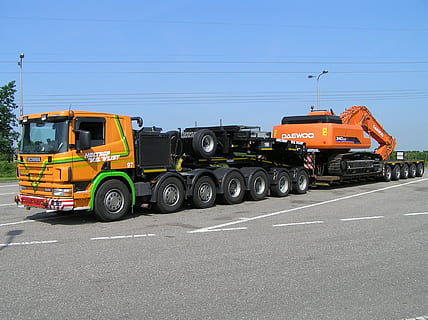 scania, low loader, five axes, narrow bed, hitachi, transportation HD wallpaper