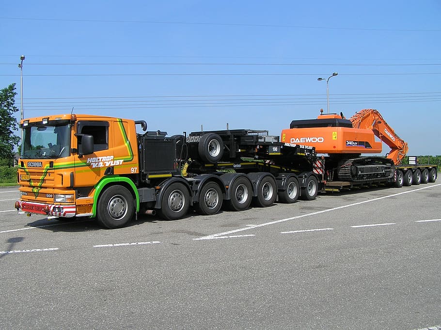 scania, low loader, five axes, narrow bed, hitachi, transportation HD wallpaper