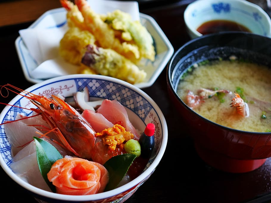 cooked food on bowls, japanese food, japan food, sashimi, seafood, HD wallpaper