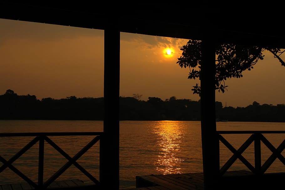 sunset, landscape, river, natural landscape, water, sky, tree HD wallpaper