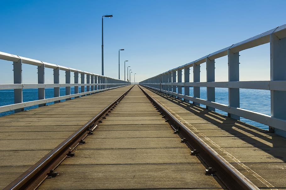 Busselton, Jetty, Pier, Train, blue, no people, day, bridge - man made structure HD wallpaper