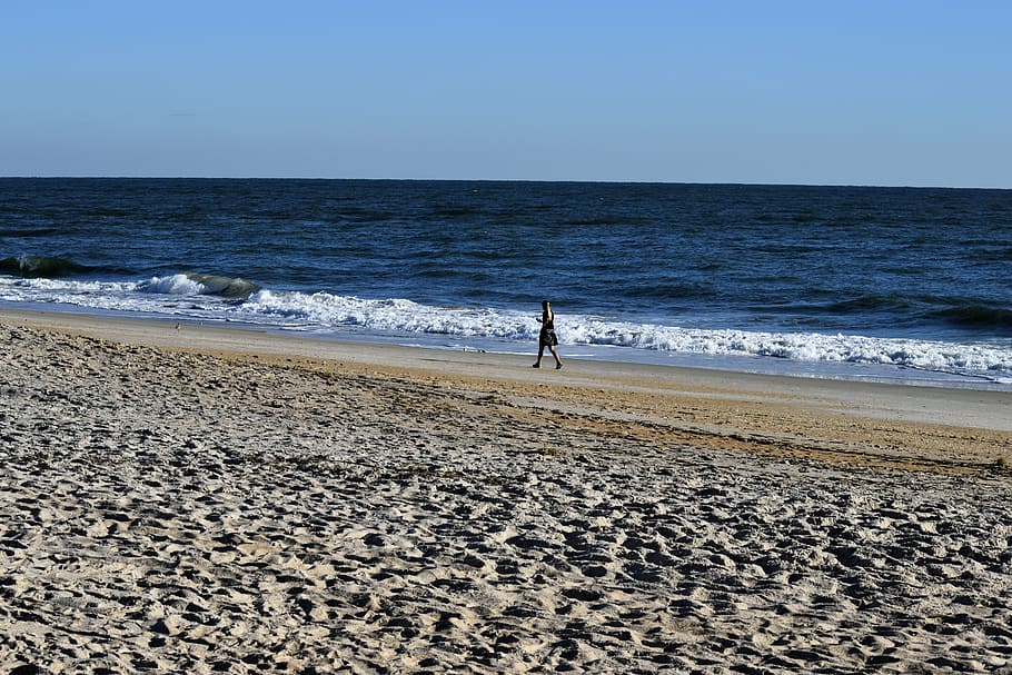 person, walking, beach, alone, outdoors, ocean, surf, clear sky HD wallpaper