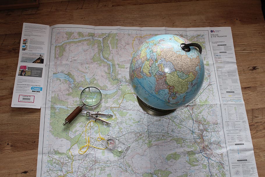 map, globe, travel, compass, magnifying glass, orienteering HD wallpaper