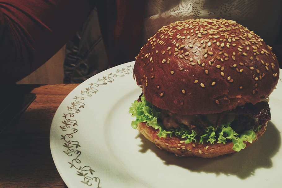 Beef burger in a restaurant, eating out, meat, hamburger, food