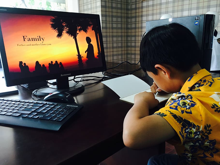 boy writing on paper, character, kids, office, write, learning HD wallpaper