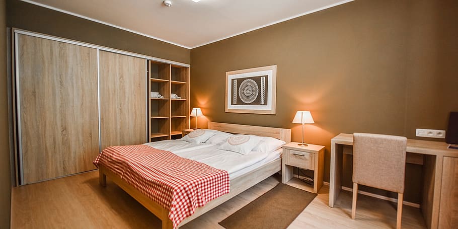 room, bed, lamp, furniture, bedroom, domestic room, home interior HD wallpaper