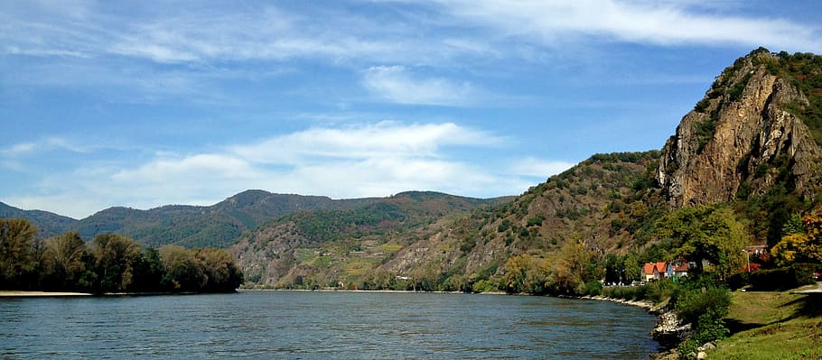 austria, river, danube, landscape, nature, water, tree, mountain HD wallpaper