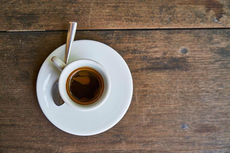 white ceramic coffee cup on brown wooden table, cafe, beverage HD wallpaper