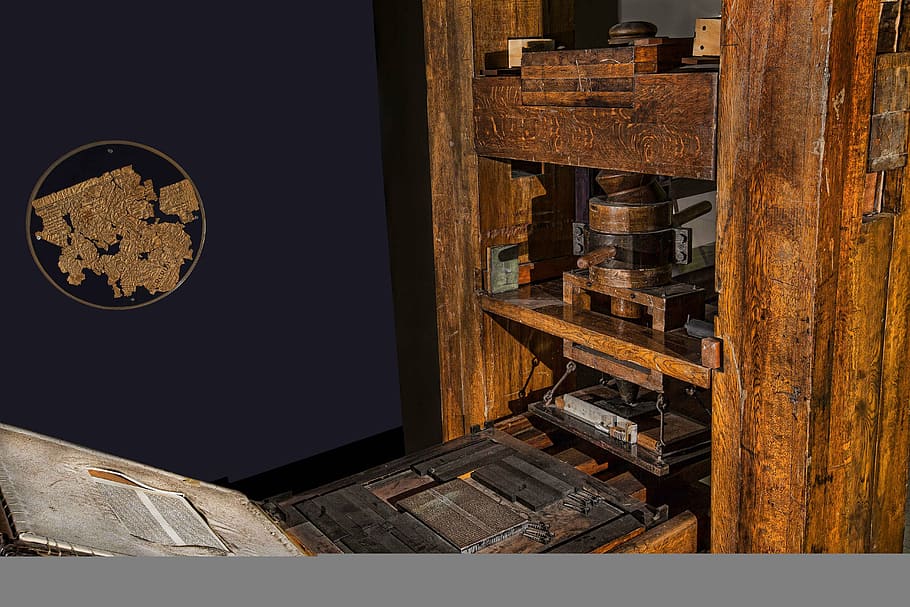 rectangular brown wooden machine, press, gutenberg, printing house