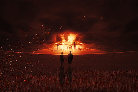 couple walks behind exploded building illustration, fire, brand HD wallpaper