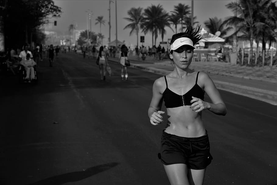 woman jogging on asphalt road, race, exercise, beach, summer HD wallpaper