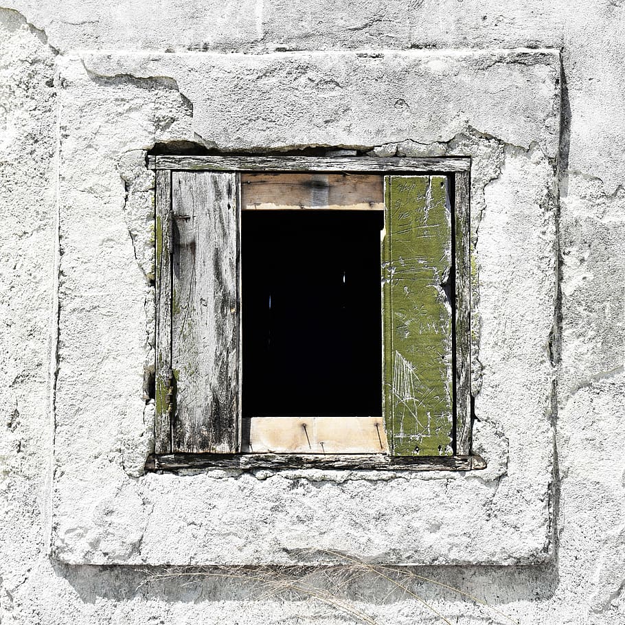 green wooden window on white concrete wall, untitled, weathered HD wallpaper