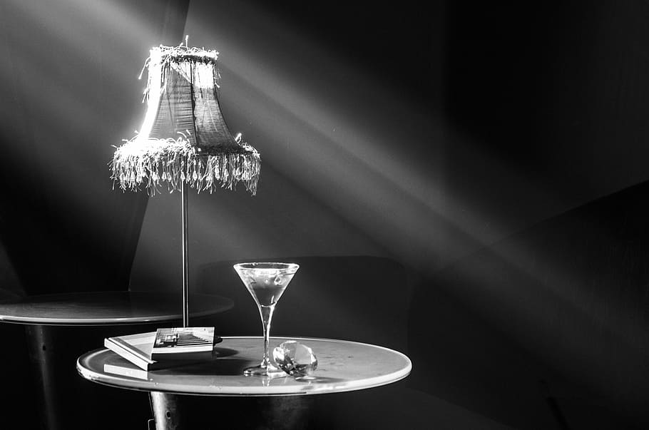 grayscale photography of cocktail glass on table, minimal, theatrical HD wallpaper