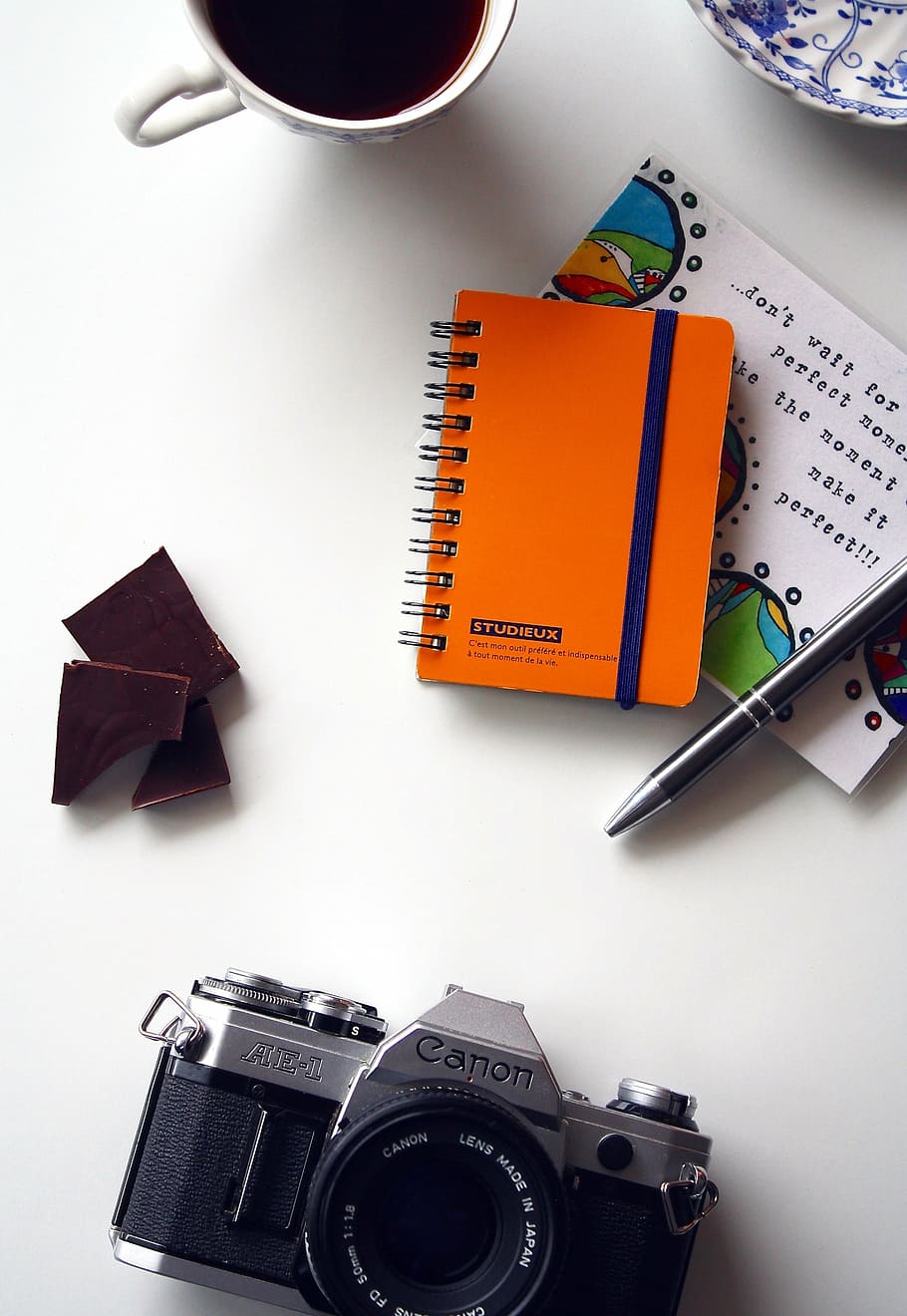 camera, canon, coffee, cup, desk, notepad, pen, camera - Photographic Equipment HD wallpaper