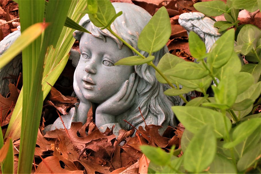 angel, statue, garden, fall, blue, leaf, plant part, art and craft HD wallpaper