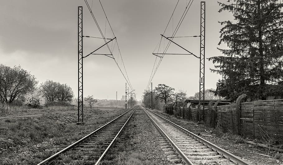 tracks, black and white, view, railroad track, rail transportation HD wallpaper