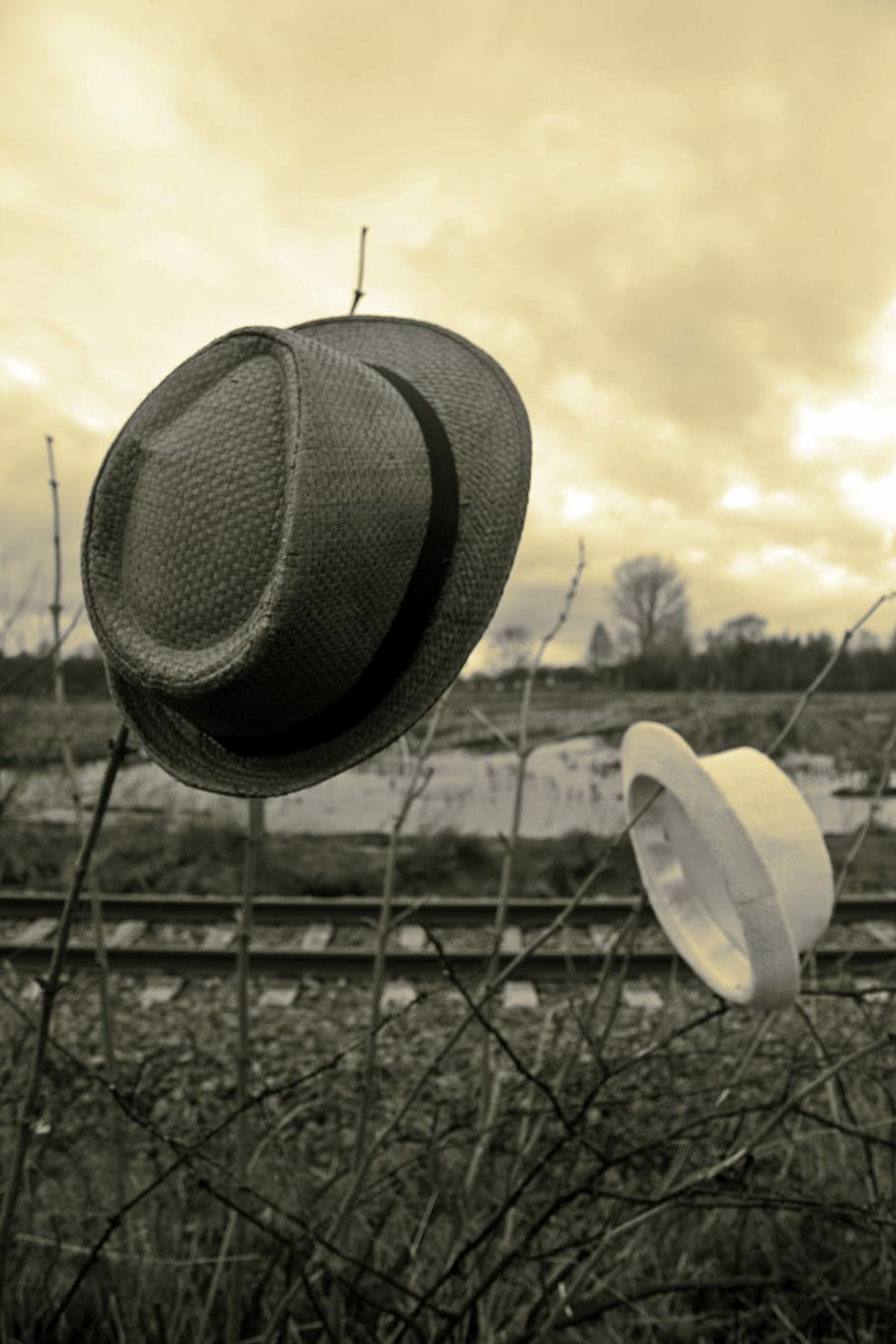 straw hat, pair, sky, bluesman, moor, gleise, cloud - sky, focus on foreground HD wallpaper