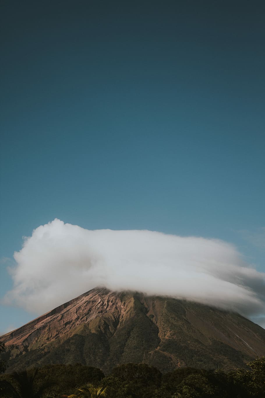 clouds above mountain under clear blue sky, white clouds on mountain summit HD wallpaper
