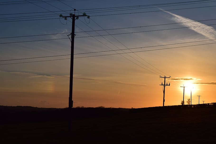 power, sunset, country, cable, electricity, power line, sky HD wallpaper