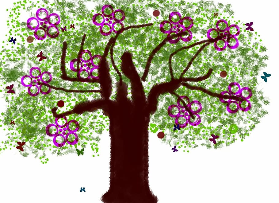tree, spring, flowers, illustration, vector, studio shot, white background HD wallpaper