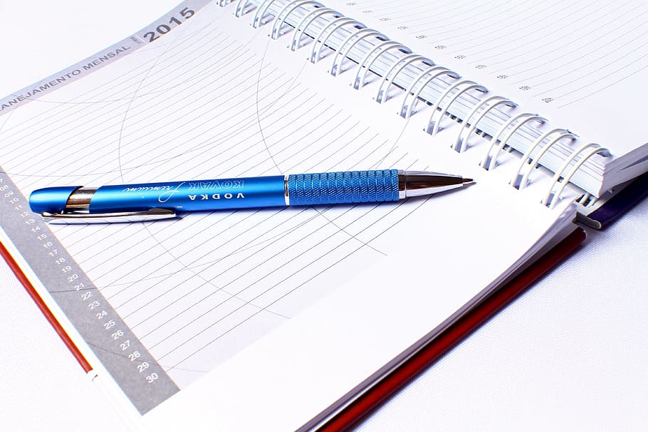 blue click pen on notebook, Agenda, Planning, Scheduling, notes HD wallpaper