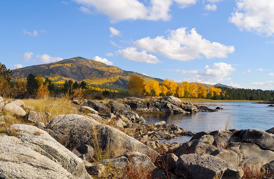 fall, rocks, forest, river, sky, landscape, bright, water, solid HD wallpaper