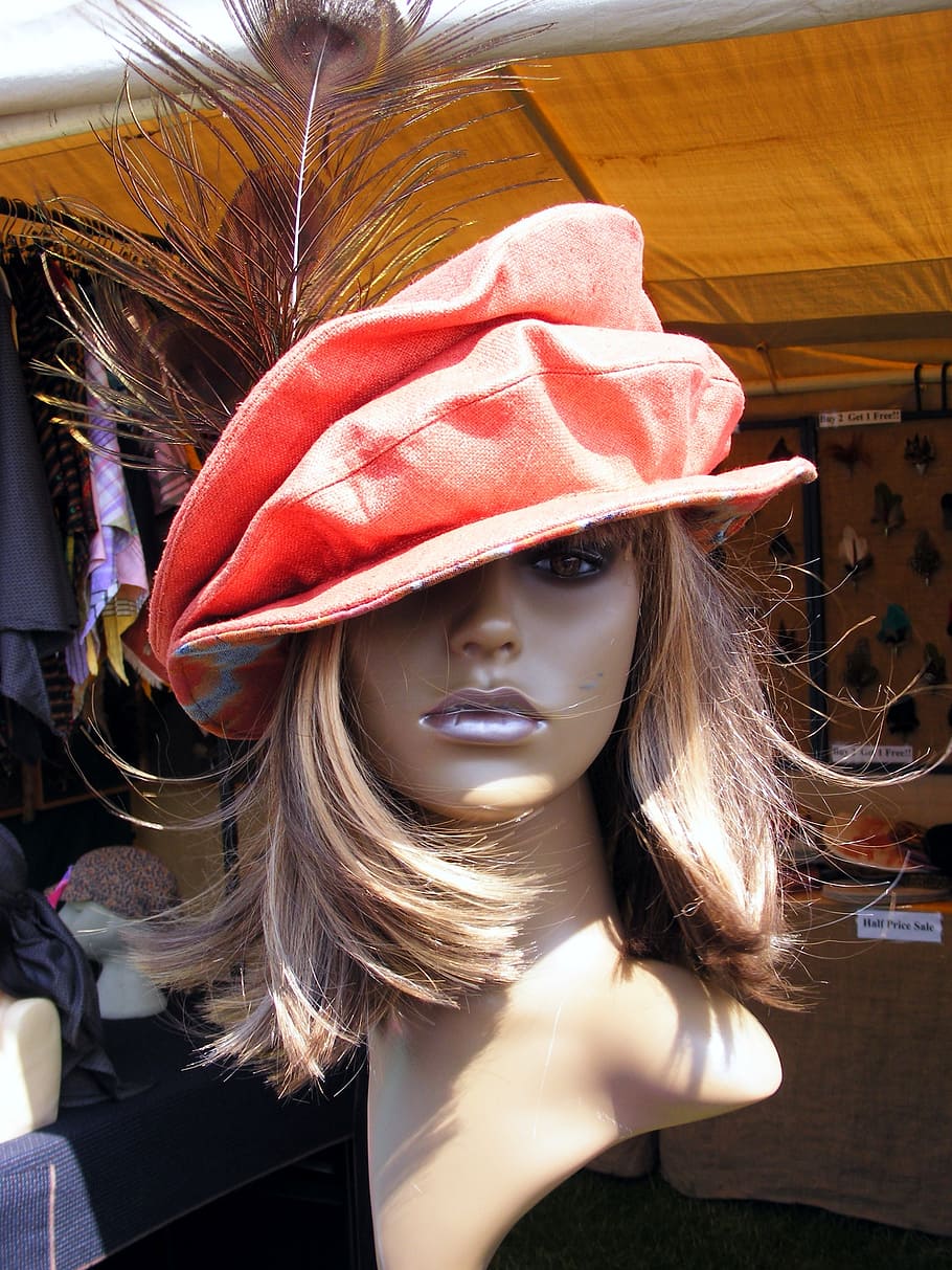 mannequin, model, head, hat, feather, shop, haberdashery, fashion HD wallpaper