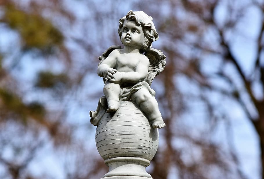 selective focus of cherub statue, angel, angel figure, sculpture, HD wallpaper