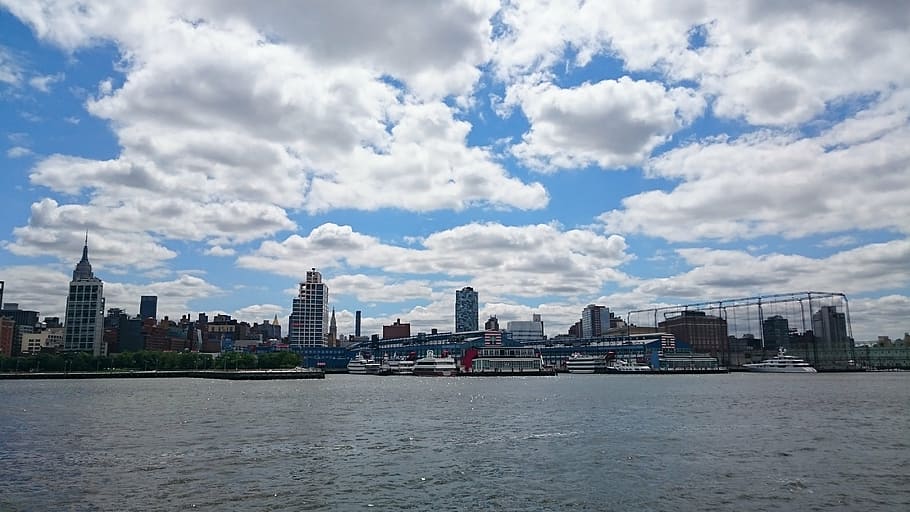 clouds, city, riverside, dock, ships, in new york city, architecture HD wallpaper