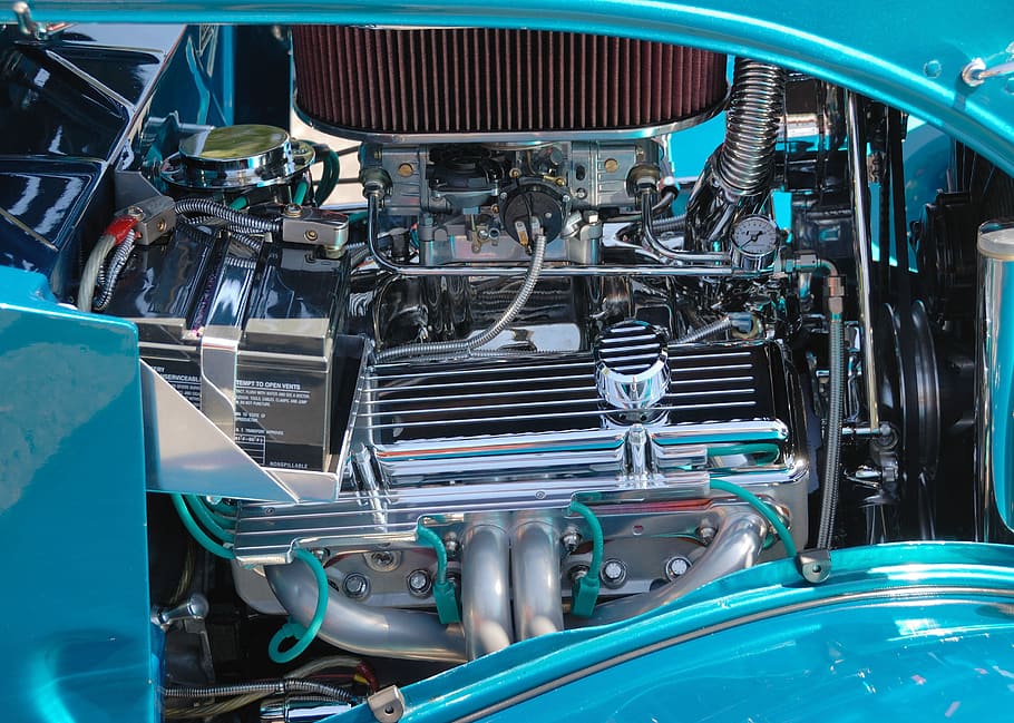 car engine, customized, retro, chrome, shiny, vehicle, motor HD wallpaper