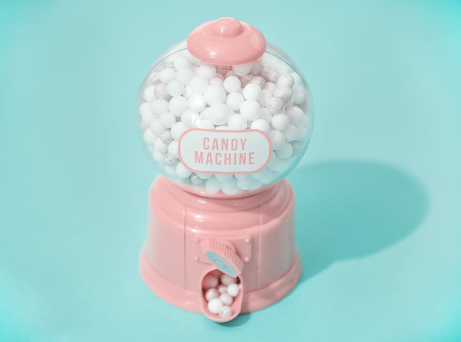 white and pink candy machine dispenser, sweets, pastel, blue
