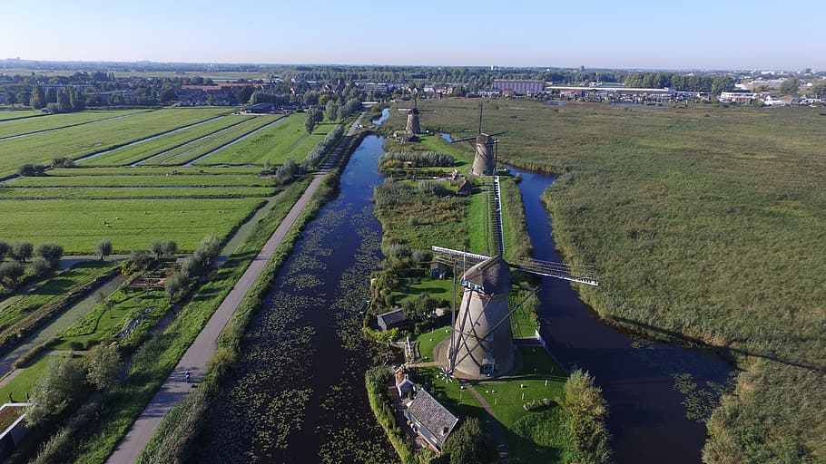 mill, kinderdijk, netherlands, landscape, holland, grass, wicks HD wallpaper