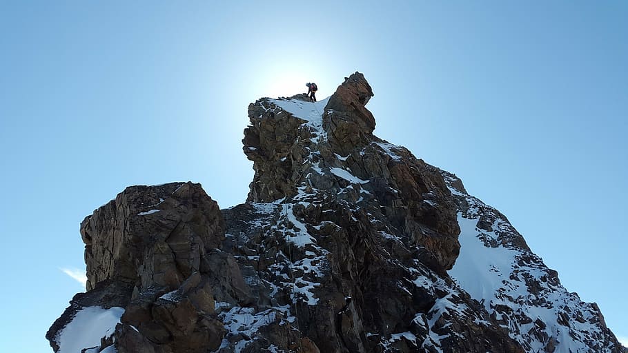 man on top of snow covered mountain, climb, alpine climbing, climber, HD wallpaper
