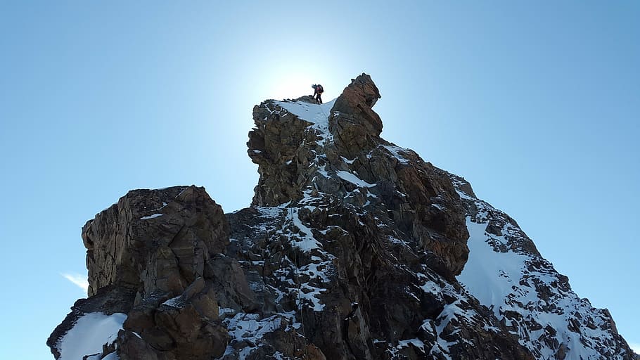 man on top of snow covered mountain, climb, alpine climbing HD wallpaper