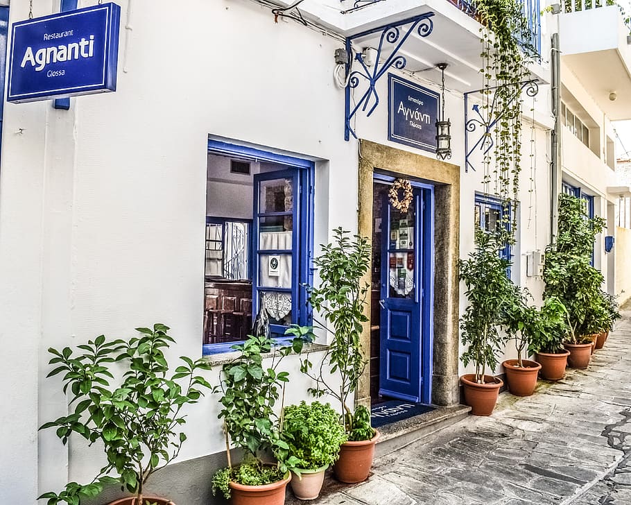 Agnanti store, greece, skopelos, glossa, village, street, restaurant, HD wallpaper