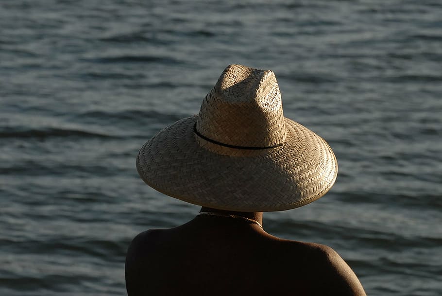 straw hat, man, sea, sunlight, sunset, holiday, summer, rear view, HD wallpaper