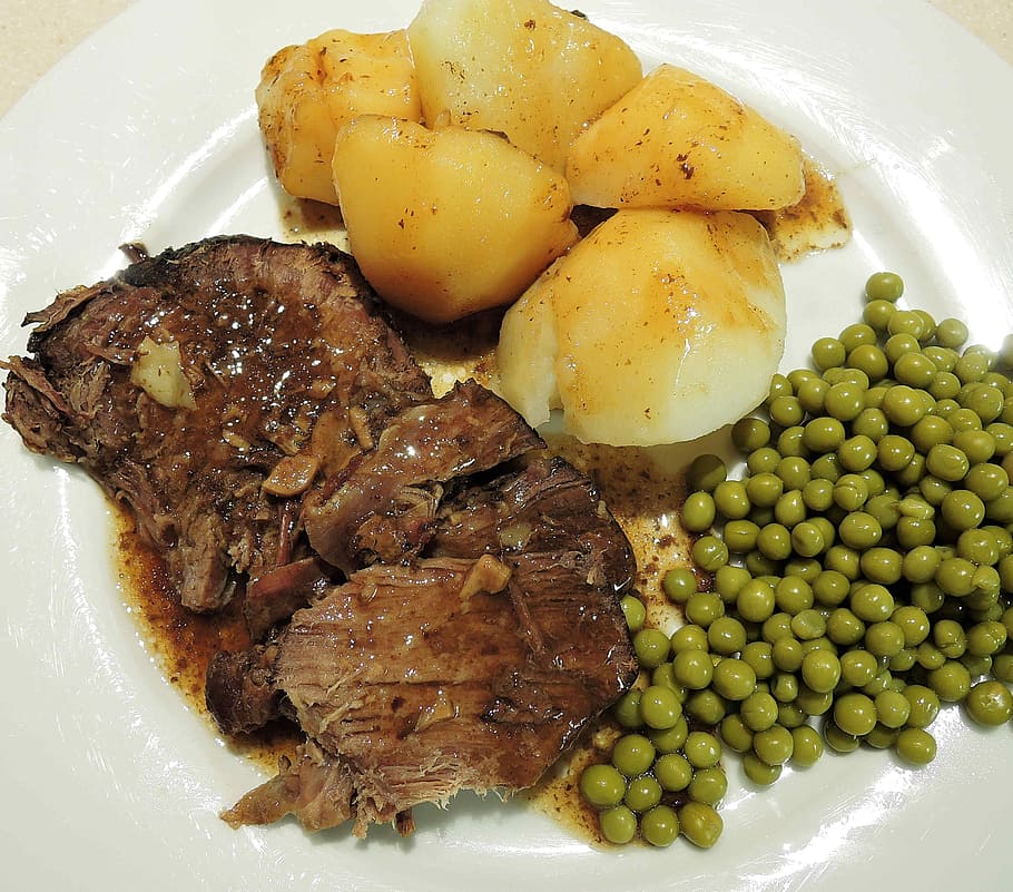 steak, potato and beans on plate, sirloin beef, pot roast, potatoes