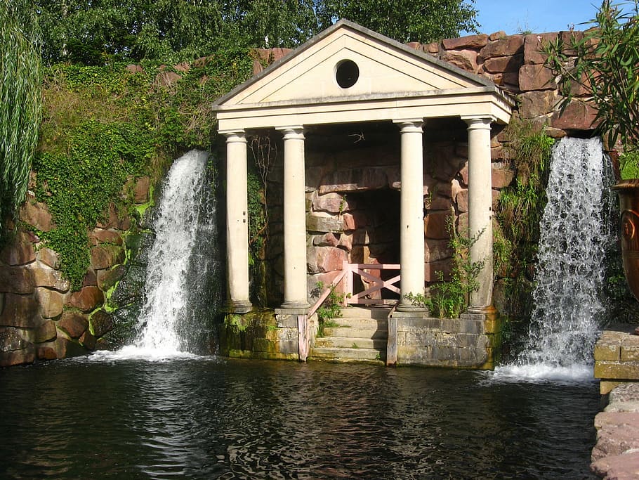 lake, waterfall, landscape, architecture, built structure, plant HD wallpaper