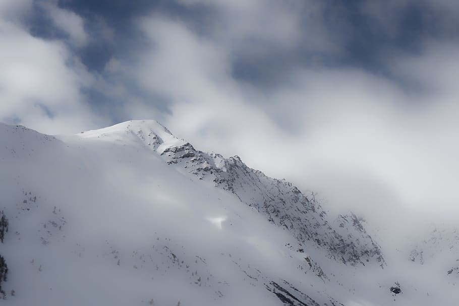mountain, valley, snow, cold, winter, clouds, sky, cold temperature HD wallpaper
