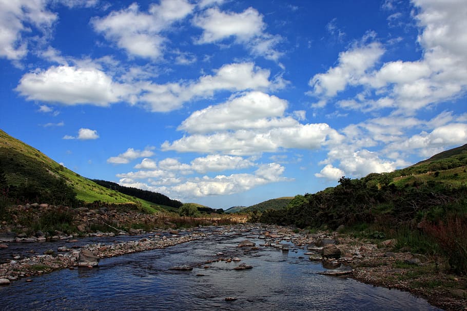 river, valley, sky, blue sky, clouds, landscape, nature, scenic HD wallpaper