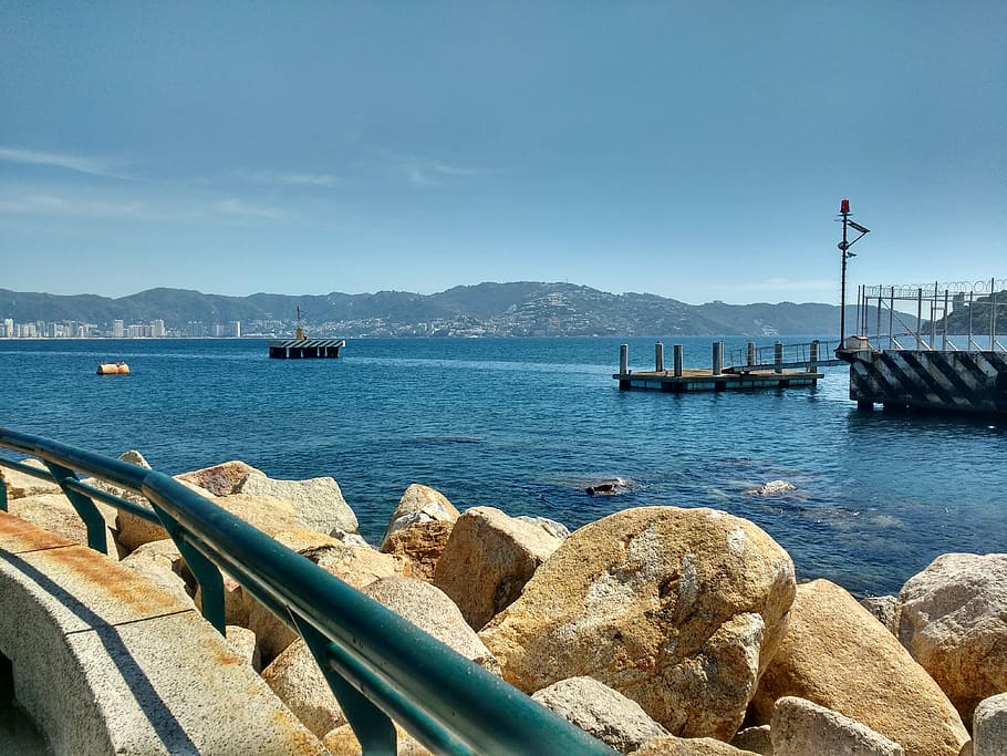 acapulco, rocks, sky, water, transportation, nautical vessel HD wallpaper